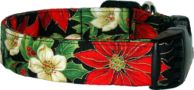 Black & Red Poinsettias Handmade Dog Collar