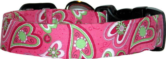 Pink & Green Hearts Handmade Dog Collar