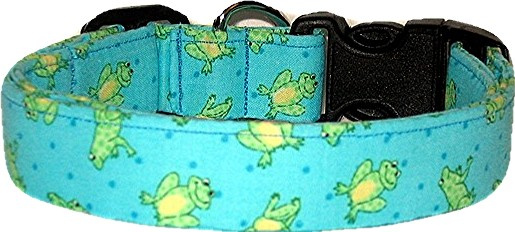 Frogs on Aqua Handmade Dog Collar