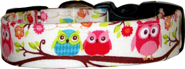 Little Pink & Green Owls in a Tree Dog Collar