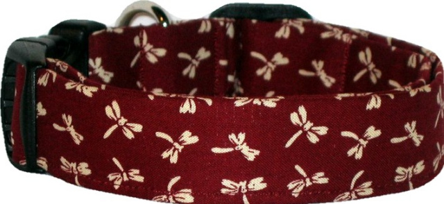 Tiny Dragonflies Maroon Handmade Dog Collar