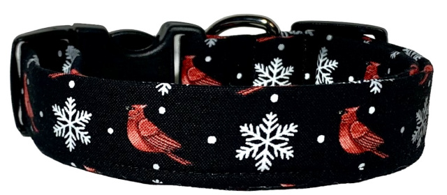 Cardinals & Snowflakes Black Handmade Dog Collar