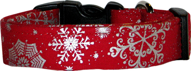 Big Silver Snowflakes on Red Handmade Dog Collar