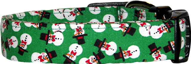 Mini Snowmen on Green Handmade Dog Collar