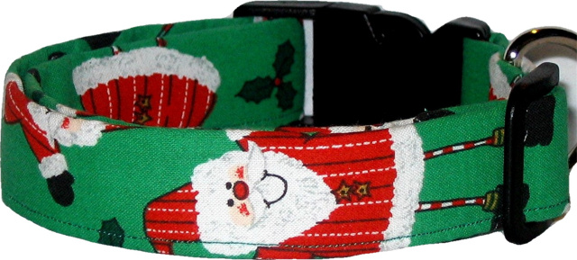 Big Santas on Green Handmade Dog Collar