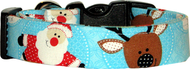 Big Santas & Reindeer Aqua Dog Collar