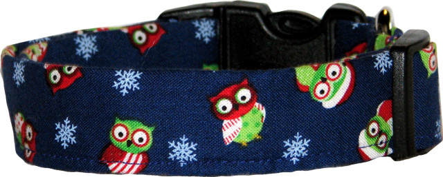 Tossed Christmas Owls Blue Dog Collar