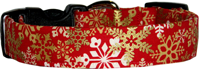 Red & Metallic Gold Snowflakes Dog Collar