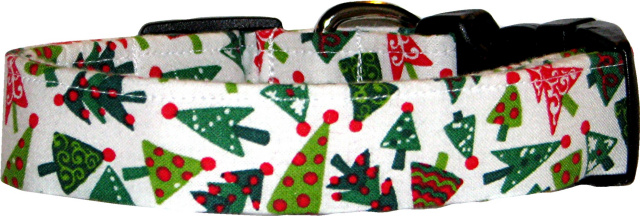 Tossed Christmas Trees White Handmade Dog Collar