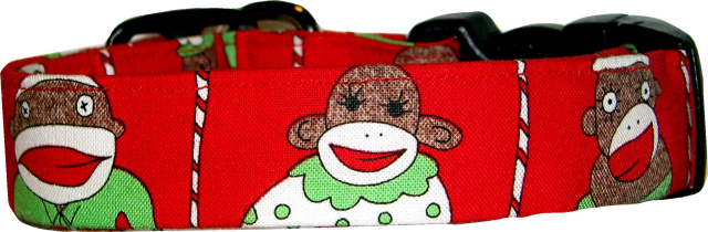 Red Christmas Sock Monkeys Dog Collar