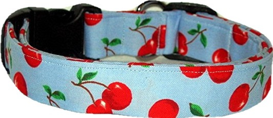 Big Red Cherries on Blue Handmade Dog Collar