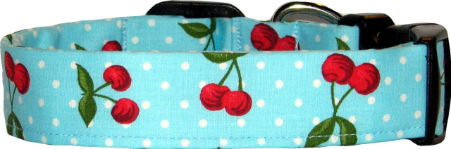 Aqua Mini Cherries & Dots Handmade Dog Collar