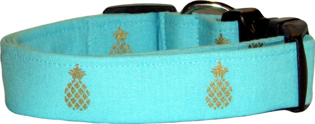 Aqua & Gold Metallic Pineapples Dog Collar