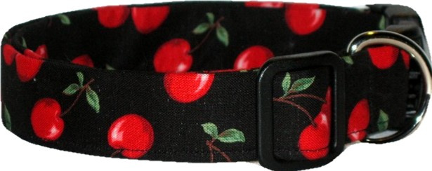 Big Red Cherries Black Handmade Dog Collar