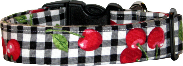 Black Gingham Cherries Handmade Dog Collar