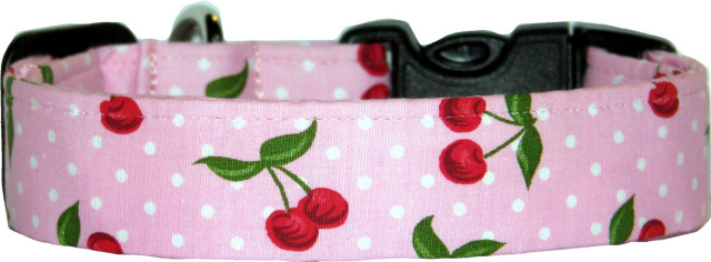Pink Mini Cherries & Dots Handmade Dog Collar