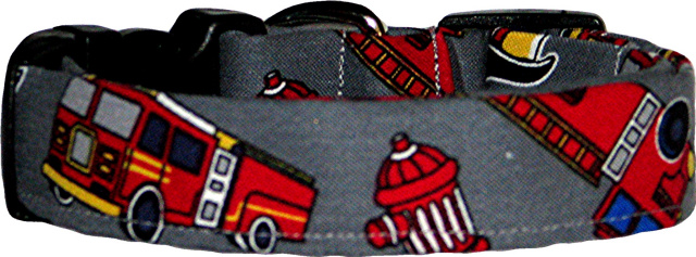 Tossed Fire Trucks on Gray Dog Collar