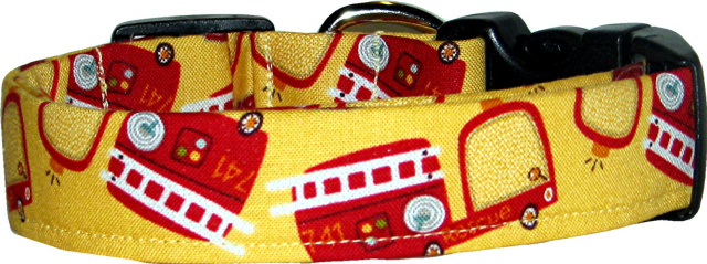 Retro Fire Trucks on Yellow Handmade Dog Collar