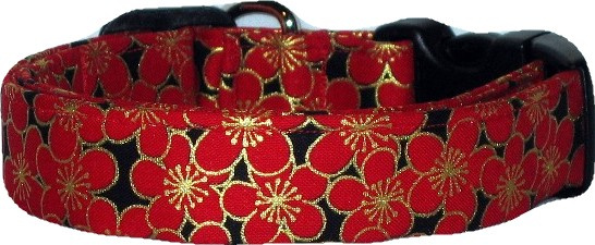 Exotic Red Asian Flowers Handmade Dog Collar