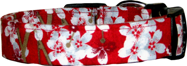 Red & White Asian Flowers Handmade Dog Collar