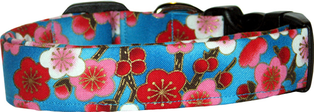 Aqua & Red Asian Flowers Handmade Dog Collar