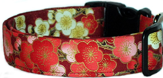 Burgundy Asian Flowers Handmade Dog Collar