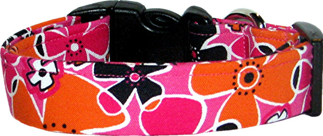 Funky Pink Orange Black Flowers Dog Collar