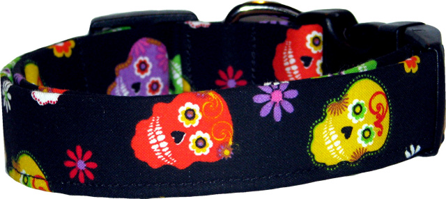 Vibrant Skulls on Black Halloween Dog Collar