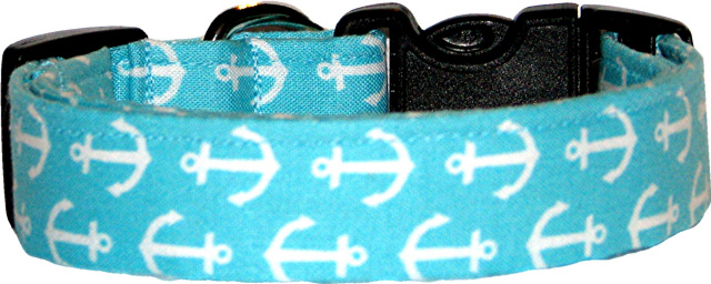 Aqua & White Anchors Dog Collar