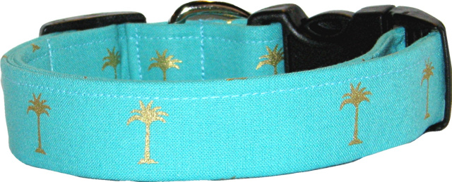 Aqua & Gold Metallic Palm Trees Dog Collar