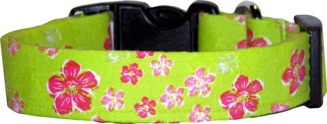 Mini Pink Hibiscus on Lime Hawaiian Dog Collar