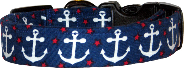 Navy Blue & White Anchors Dog Collar