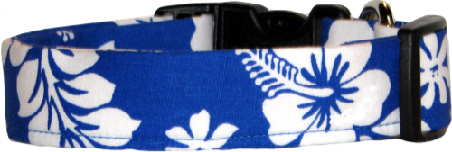 Royal Blue & White Hawaiian Hibiscus Flowers Dog Collar