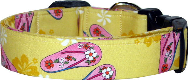 Yellow with Pink Flip Flops Handmade Dog Collar