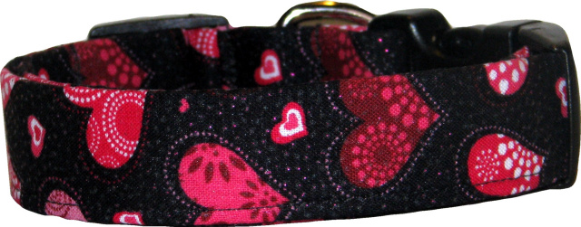 Red Decorated Hearts Black Handmade Dog Collar