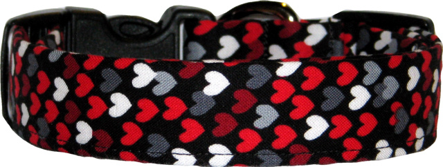 Mini Red White Gray Hearts Black Dog Collar