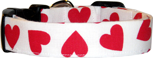 Big Red Hearts on White Handmade Dog Collar