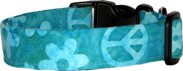 Turquoise Flowers & Peace Signs Handmade Dog Collar