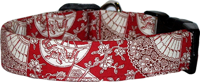 Red Asian Toile Fans Handmade Dog Collar