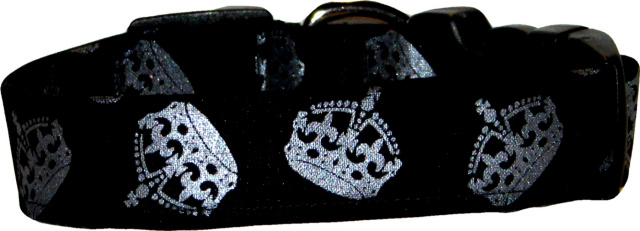 Silver Metallic Crowns Black Dog Collar