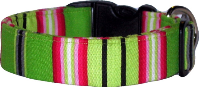 Lime, Black & Pink Stripes Handmade Dog Collar